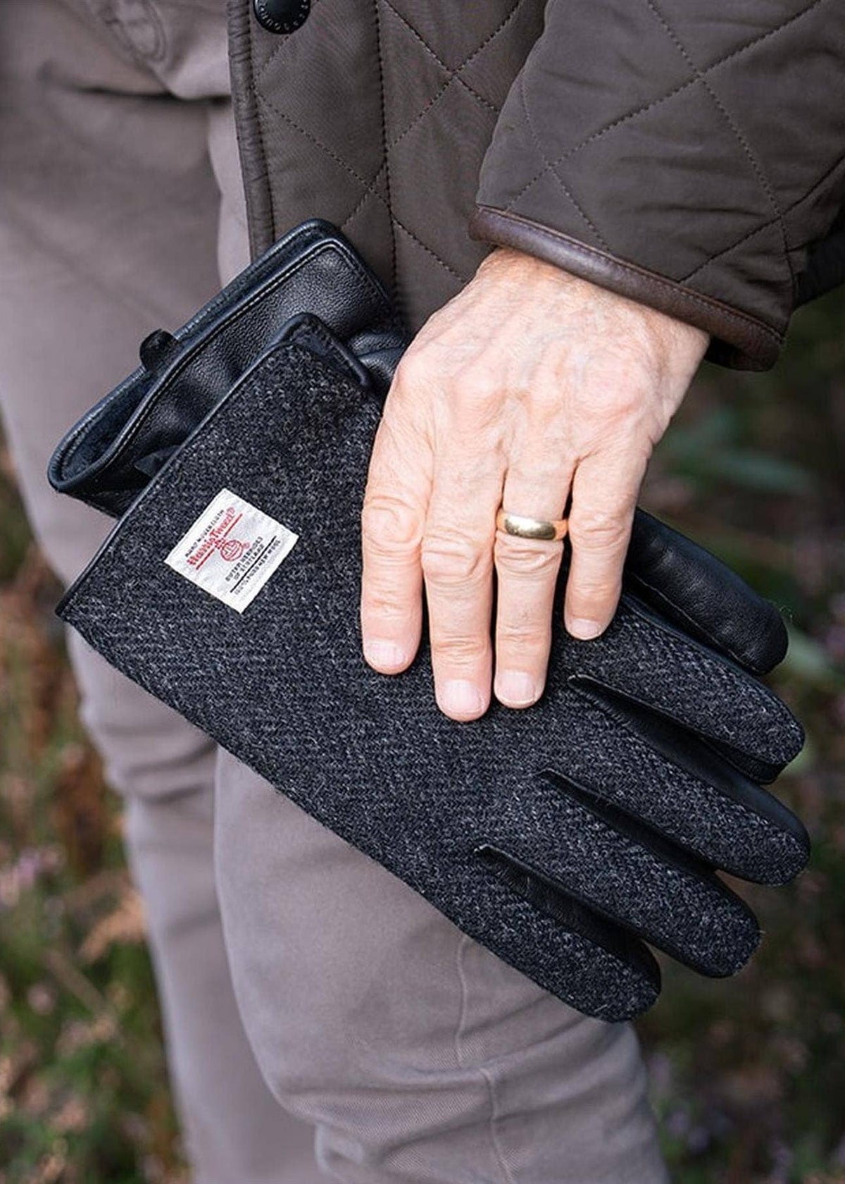 Charcoal Grant Harris Tweed And Leather Gloves