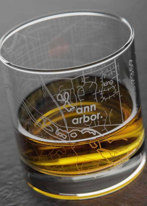 Ann Arbor, MI Etched Whiskey Rocks Glass