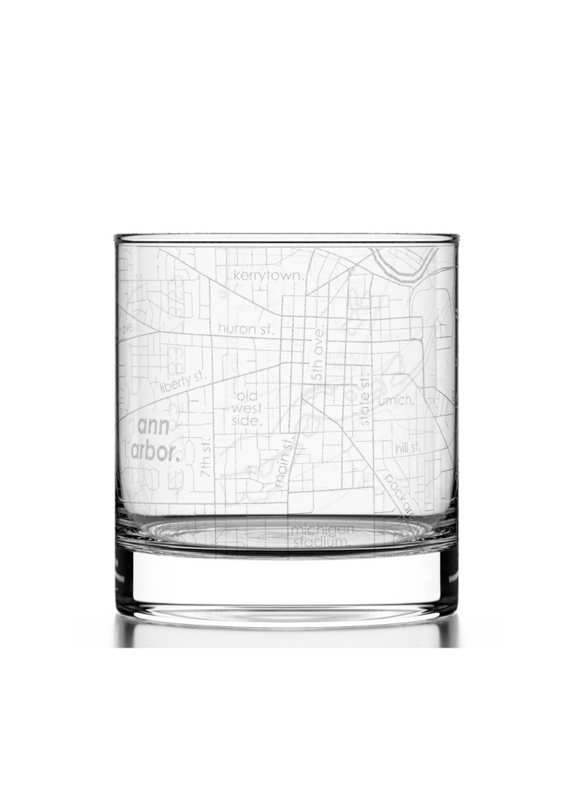 Ann Arbor, MI Etched Whiskey Rocks Glass