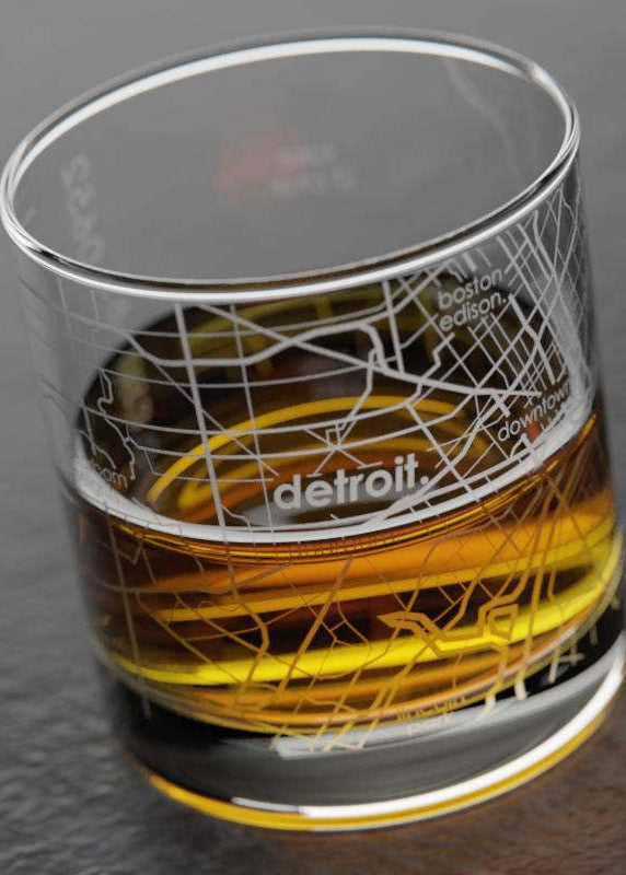 Detroit, MI Etched Whiskey Rocks Glass
