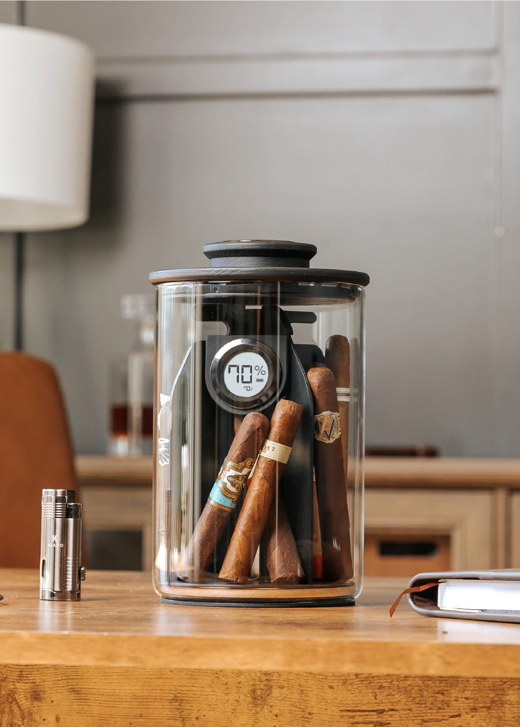 Cylindor Humidor with a Glass Jar & Ashwood Lid